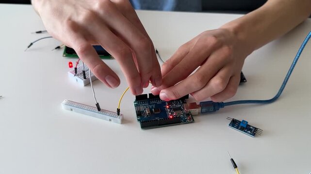 Close up of hands assembling an electronics project by connecting jumper wires to a microcontroller board and breadboard with LED components on a white desk.