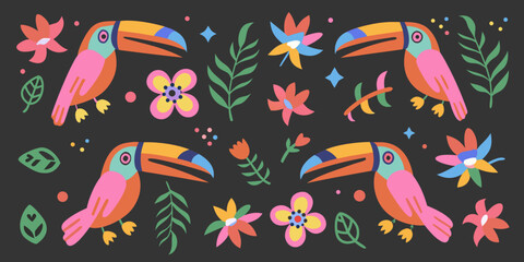 Colorful toucans and tropical flowers in a playful patterned design