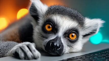 Fototapeta premium A lemur is laying on a laptop keyboard. The animal has a curious look on its face and its eyes are open. The scene is playful and lighthearted