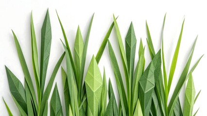 A stylized, abstract, digital illustration of a seamless border of vibrant green grass blades with a soft, white background, evoking nature and growth