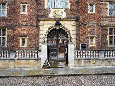 Entrance of Abbots Hospital on High Street highlights historic architecture in Guildford, Surrey, United Kingdom