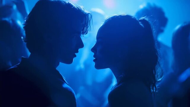 Young couple in silhouette sharing an intimate moment under blue club lights