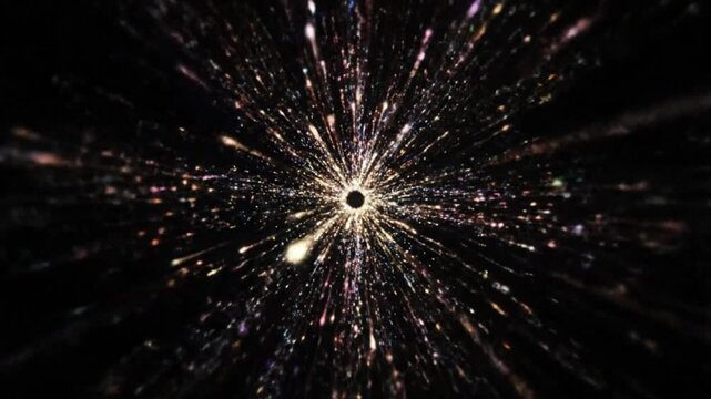 Abstract visualization of speeding through a cosmic wormhole tunnel surrounded by exploding golden and white light particles suggests rapid space travel or quantum fluctuation effect.