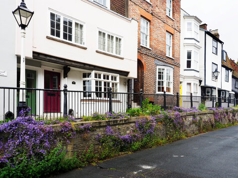 Houses line the Old Town High Street with colorful flowers in Hastings East Sussex