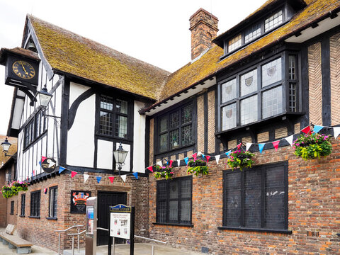 Guildhall in Sandwich Kent showcases traditional architecture with decorations and historic features