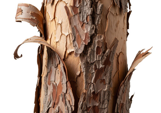 Close up of birch tree bark with peeling layers on transparent background