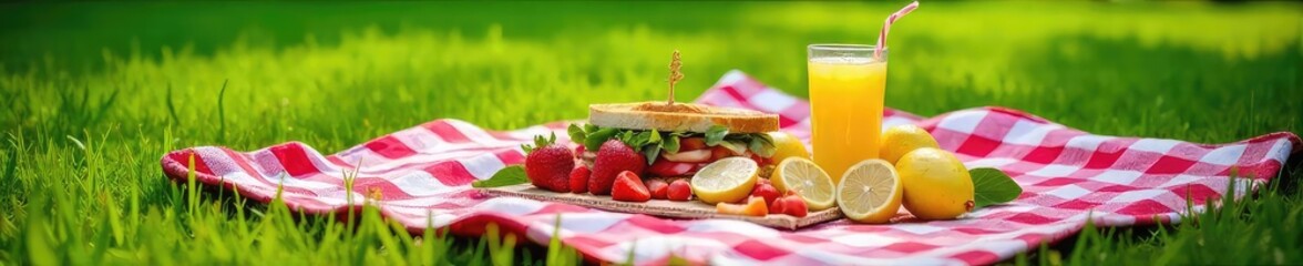 Fototapeta premium A checkered blanket spread on lush green grass, laden with a summer feast of fruit, sandwiches, and lemonade Perfect sunny day picnic scene , holiday, vacation