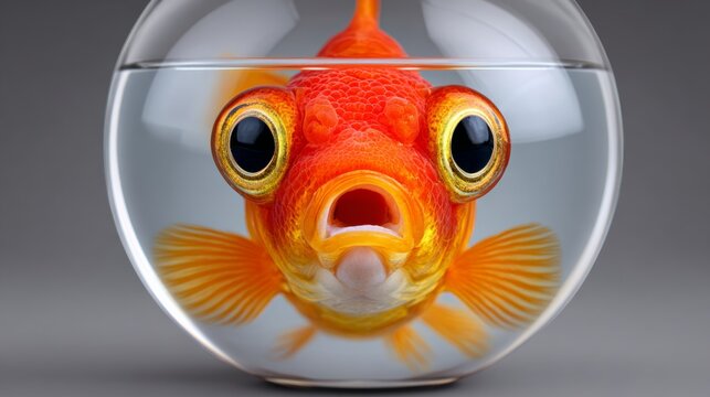 A fish with big eyes and a mouth wide open in a fishbowl. The fish appears to be looking at the camera