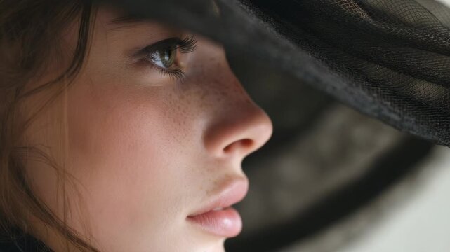 Close-up profile of a young woman with freckles wearing a black veiled hat