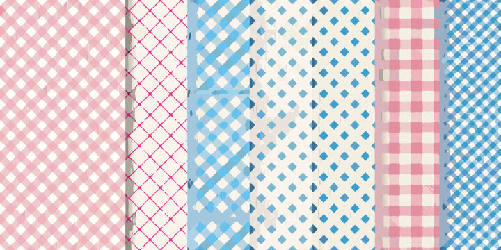 A collection of seamless gingham and checkered patterns in various shades of pink blue and white