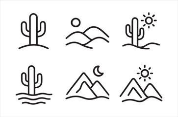Minimalist desert landscape icons depicting cacti mountains sun moon and rolling hills high quality
