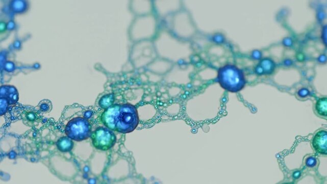 Abstract Microscopic Network of Blue and Green Elements Depicting Intricate Cellular Structures and Dynamic Biological Systems with Vibrant Fluidity
