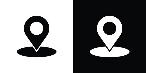 Professional black and white location pin icon with an oval shadow. Minimalist map pointer symbol for navigation, travel, and destination tracking. Vector illustration for UI and web design. © bibin