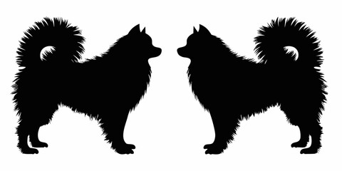 Two black silhouette dogs facing each other with fluffy tails and standing upright © Juel