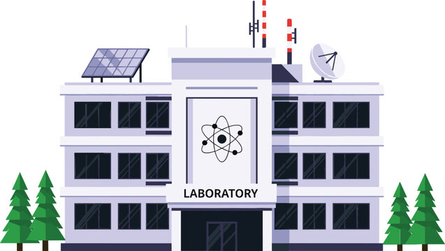 Flat illustration of a three-story scientific laboratory building with solar panels satellite dishes and atomic symbol for technology