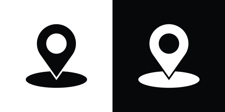 Professional black and white location pin icon with an oval shadow. Minimalist map pointer symbol for navigation, travel, and destination tracking. Vector illustration for UI and web design.