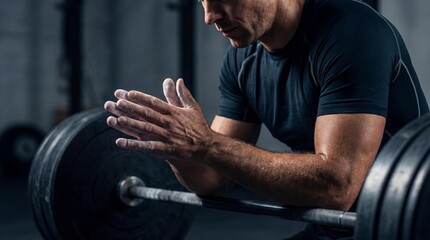 Hands pressed together in concentration before gripping barbell