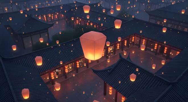 Magical night sky illuminated by floating lanterns above traditional Asian architecture, creating a breathtaking scene of celebration and wonder