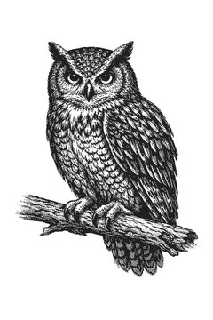 Detailed Vintage Owl Engraving: Majestic Black and White Illustration of a Horned Owl Perched on a Branch, Capturing the Essence of Nocturnal Wildlife Art in a Classic Stipple Style, Perfect for Home