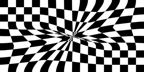 Obraz premium Floor in tile checker. Vector pattern of optical illusion. Moving wave with black and white squares. Op art. Background with chessboard grid. Abstract distorted texture.