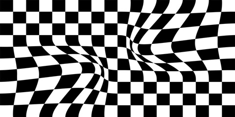 Floor in tile checker. Vector pattern of optical illusion. Moving wave with black and white squares. Op art. Background with chessboard grid