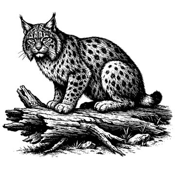 Vintage Engraved Lynx Illustration: Majestic Wild Cat with Tufted Ears and Spotted Fur, Poised on a Rustic Log. A Detailed Black and White Drawing Capturing the Powerful Grace and Elusive Nature of th