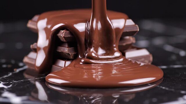 4K video of melted chocolate pouring over stacked chocolate bars on a black surface