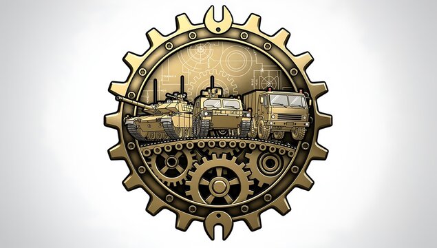 Military challenge coin with wrench and gear design vintage gold industrial emblem