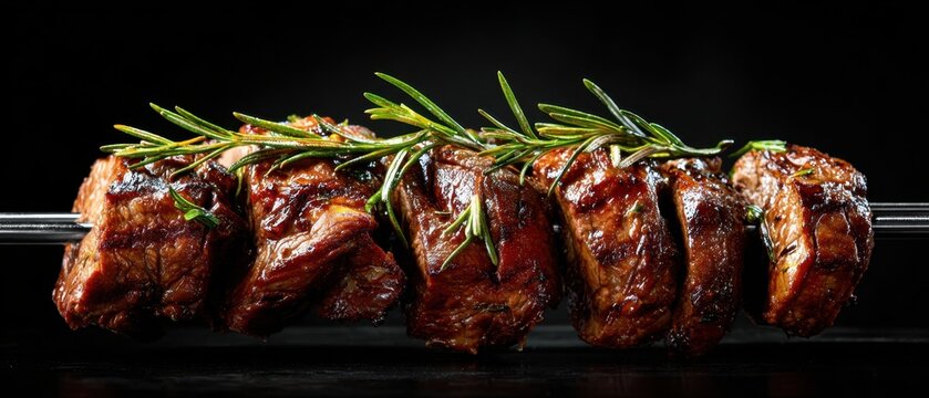The Skewered Beef Cubes Glazed with Rosemary on a Metal Barbecue Skewer