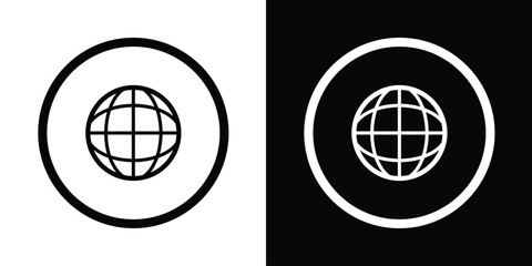 Black and white globe network icon set. Modern vector symbol ideal for worldwide connectivity, internet browser UI, global technology, communication, and web language selection. © bibin