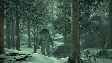 A lone astronaut stands amidst snow covered trees, exploring an otherworldly landscape. The serene forest setting contrasts with the mystery of space, evoking wonder and curiosity. © icetray