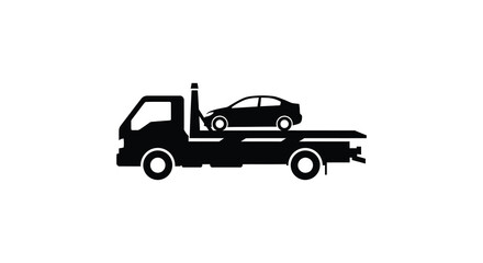 Fototapeta premium A flatbed tow truck is carrying a damaged car depicted as a stark black outline silhouette high quality