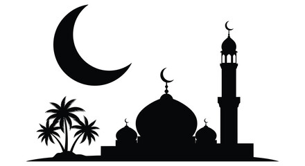 A striking black silhouette depicts a crescent moon palm trees and a traditional mosque structure silhouette high quality © Komla02