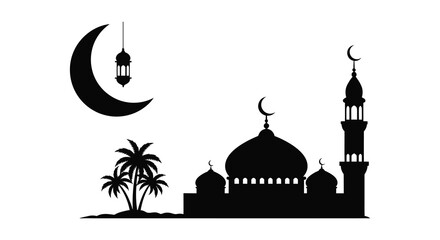 A striking black silhouette depicts a crescent moon mosque palm trees and a lantern evoking islamic tradition silhouette © Komla02