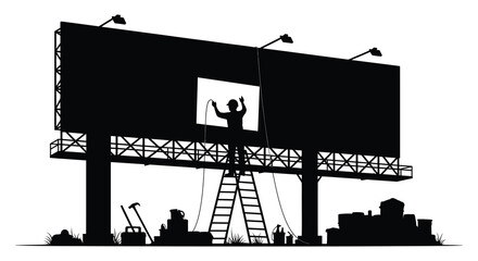 Obraz premium A worker repairs a large billboard with a rectangular opening ascending a ladder against its frame silhouette