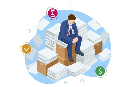Isometric business deadline concept with stressed businessman sitting on archive box surrounded by document stack and hourglass. Time pressure, paperwork overload and finance control illustration.