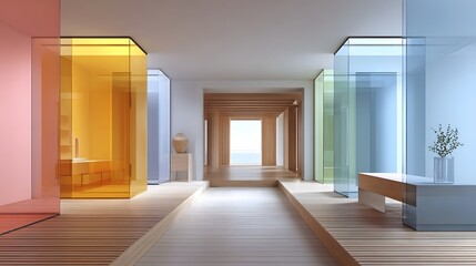 Obraz premium Contemporary interior design with spacious hallway vibrant colored glass cubicles and polished wooden platforms leading to an outdoor view