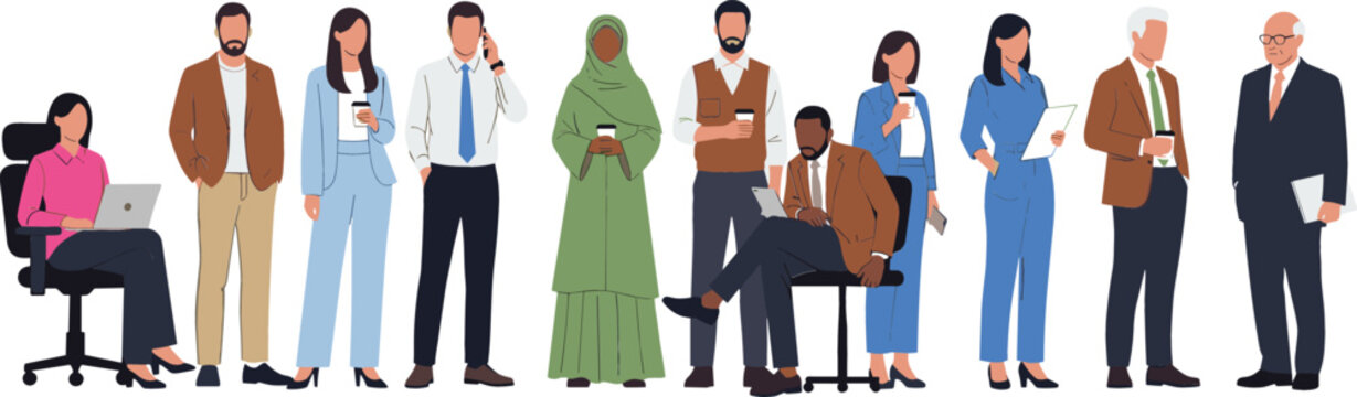 Flat vector illustration of 11 diverse business professionals in office attire, representing global workforce inclusivity and modern collaboration.