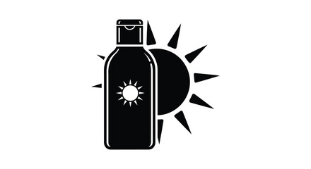A striking black silhouette depicts a bottle of sunscreen with radiating sunbeams emphasizing summer protection silhouette high quality © Komla02
