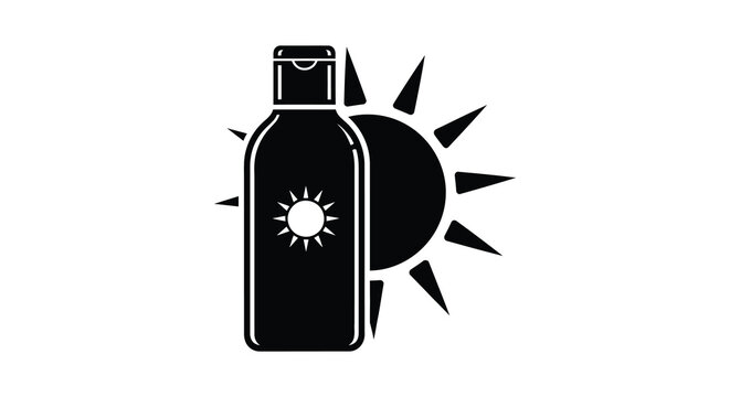 A striking black silhouette depicts a bottle of sunscreen with radiating sunbeams emphasizing summer protection silhouette high quality