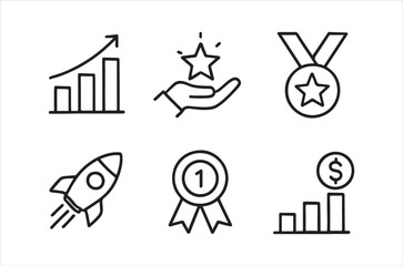 A collection of line art icons representing success achievement and financial growth high quality