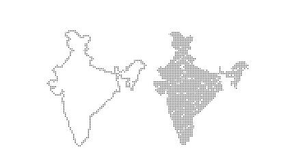 A black and white illustration of india and a dotted map
