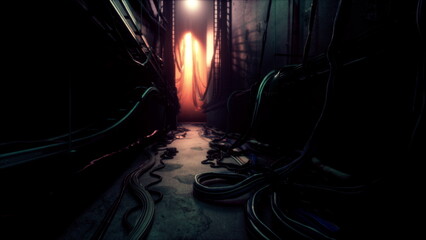 Fototapeta premium An eerie corridor filled with tangled cables stretches towards a warm light. Shadows loom on the walls, hinting at secrets hidden within this dark environment. The atmosphere is tense and captivating.