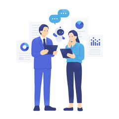 AIエージェントとデータ分析するビジネスチーム。タブレットを持つビジネスパーソンの全身イラスト素材。