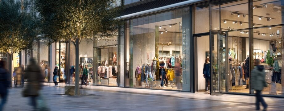 The clothing store window display on a modern city shopping street at dusk