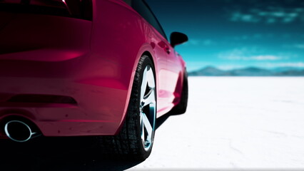 A vibrant pink sports car stands out against the vast white salt flat, with mountains in the distance. The sun shines brightly, reflecting off the sleek surface. Its a perfect day for adventure. © icetray