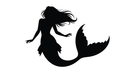 A striking black silhouette depicts a mythical mermaid with flowing hair and a detailed tail silhouette high quality © Komla02