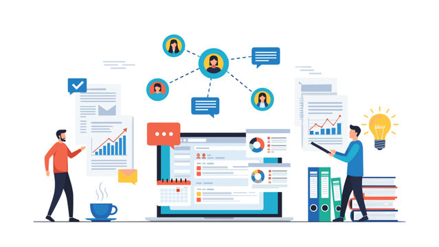 Professional business team analyzing data and performance metrics on a laptop screen surrounded by financial charts and network icons.