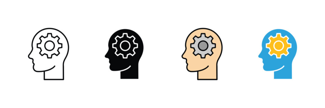Human head with gear icon vector. Mental process symbol for brain thinking, artificial intelligence, strategic idea, and psychological mind set. Vector Illustration.