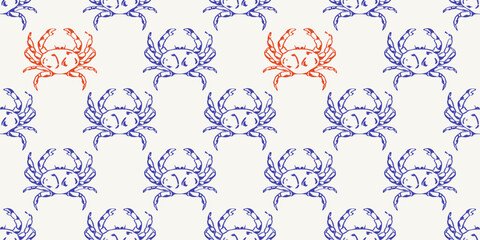 Seamless mediterranean crab pattern inspired by coastal cuisine and seaside markets. Blue and red crustaceans create a repeating marine motif perfect for fabric, wallpaper and packaging. © Danchenko